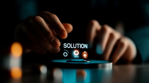 A close-up of hands interacting with a digital interface displaying the word 'SOLUTION' and icons, symbolizing problem-solving in a modern workspace photo