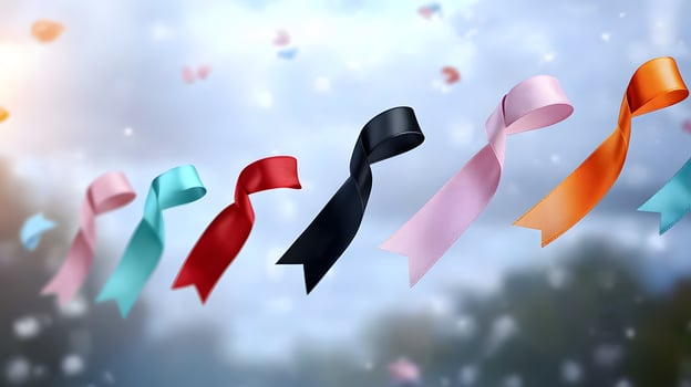 Colorful ribbons fluttering in the breeze against a blurred natural background with soft lighting photo