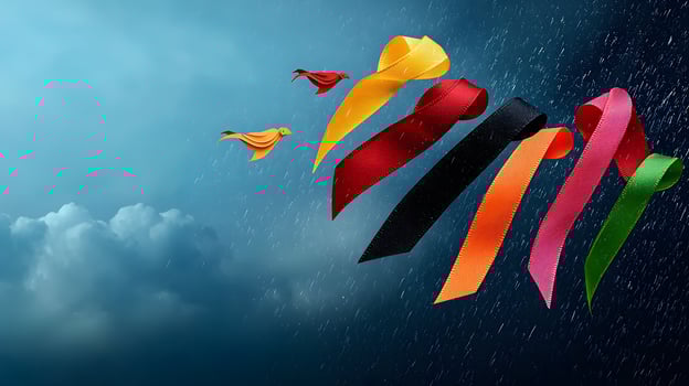 Colorful ribbons flying in the rain against a dark cloudy sky, symbolizing freedom and hope photo