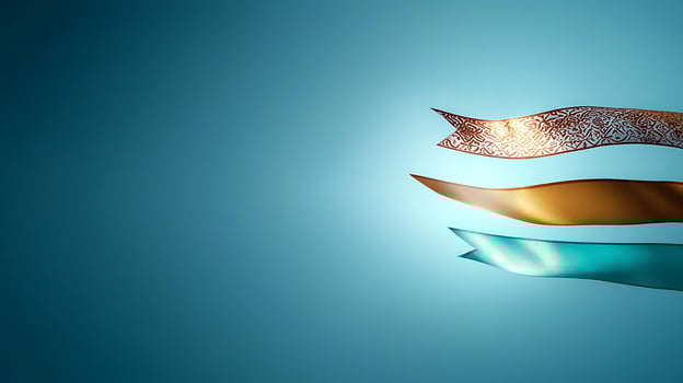 Colorful ribbons of various textures and shades gracefully flowing against a soft blue backdrop photo