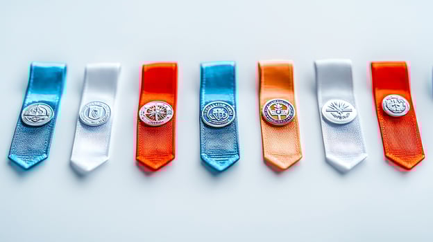 Colorful ribbons with medals arranged in a row on a light background, showcasing achievements and awards photo