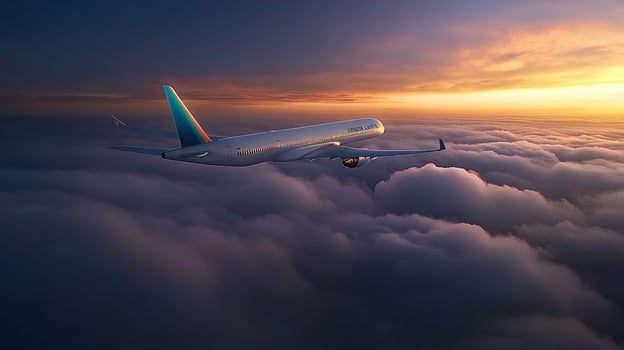 A commercial airplane soaring above fluffy clouds at sunset, showcasing vibrant colors and serene skies photo