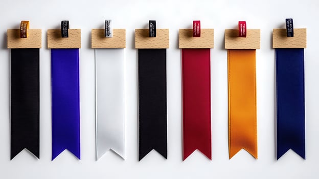 Colorful satin ribbons hanging on wooden clips, showcasing various shades for crafting or decoration photo