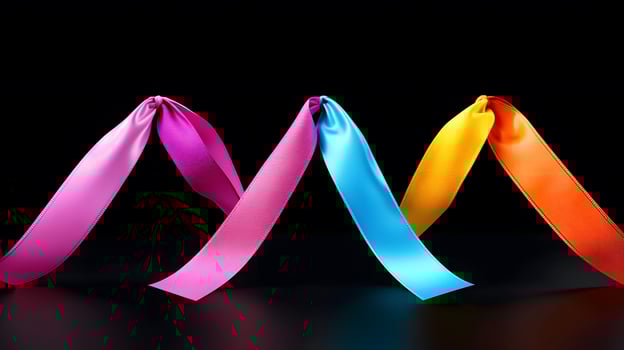 Colorful satin ribbons in vibrant hues of pink, blue, yellow, and orange against a dark background photo