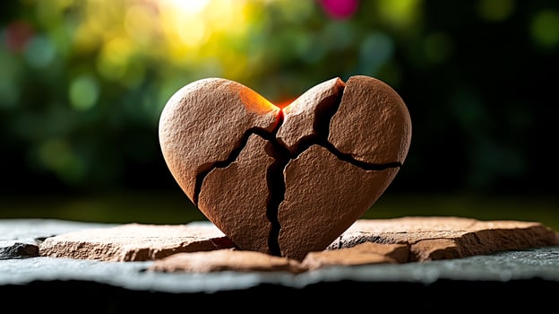 A cracked heart sculpture on a wooden surface, illuminated by soft sunlight in a blurred garden photo