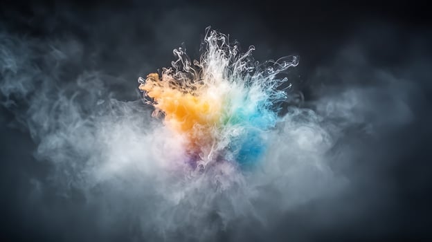 Colorful smoke explosion with vibrant hues against a dark background, creating a dramatic effect photo