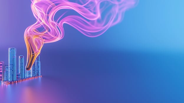 Colorful smoke swirling above futuristic city skyline with vibrant lighting effects at dusk photo