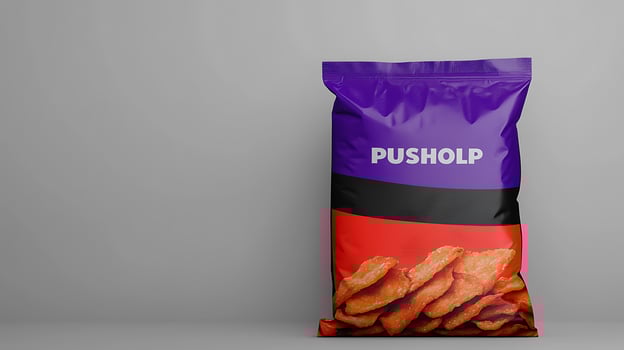 Colorful snack packaging featuring crispy treats, displayed against a minimalist gray background photo