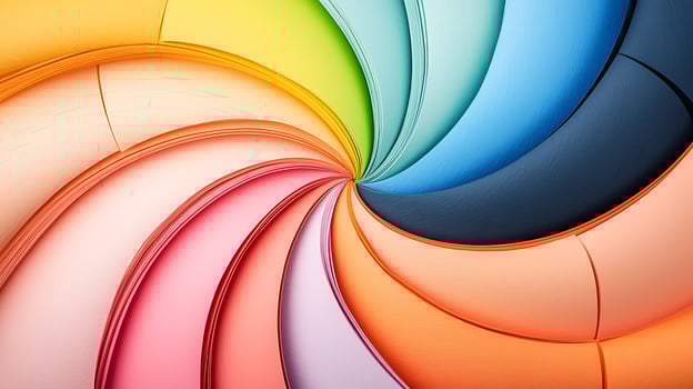 Colorful spiral arrangement of paper sheets showcasing vibrant hues and smooth textures photo
