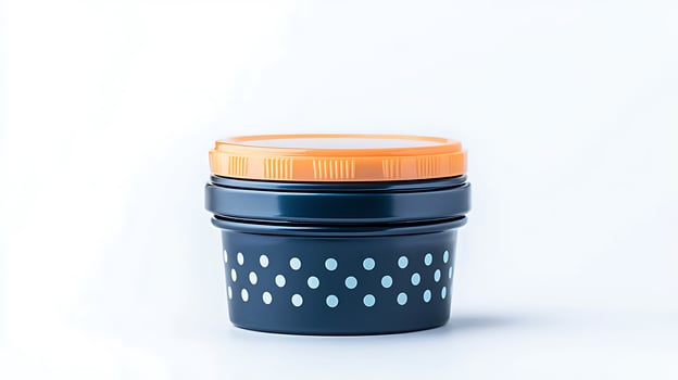 Colorful stackable storage containers with a polka dot design against a clean white background photo