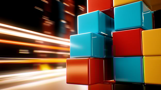 Colorful stacked blocks with motion blur in the background, illustrating dynamic urban life photo
