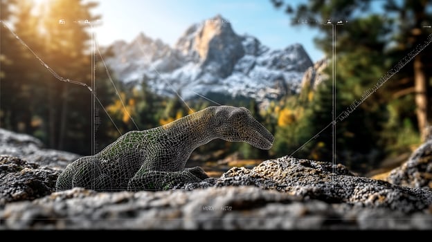 A digital creature exploring rocky terrain in a vibrant forest with majestic mountains in the background photo