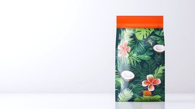 Colorful tropical packaging with floral design, featuring coconuts, set against a minimalist background photo