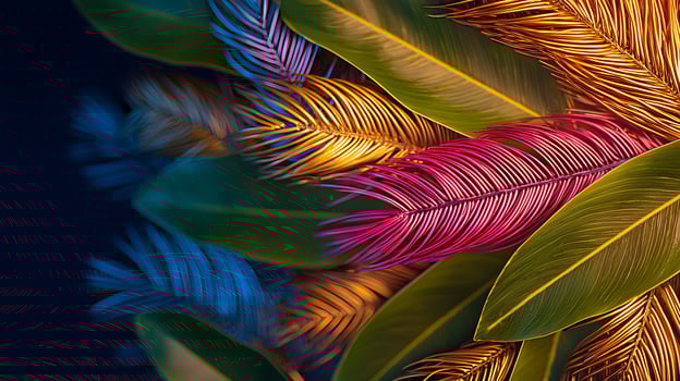 Colorful tropical leaves with vibrant hues creating an artistic backdrop for nature-themed designs photo