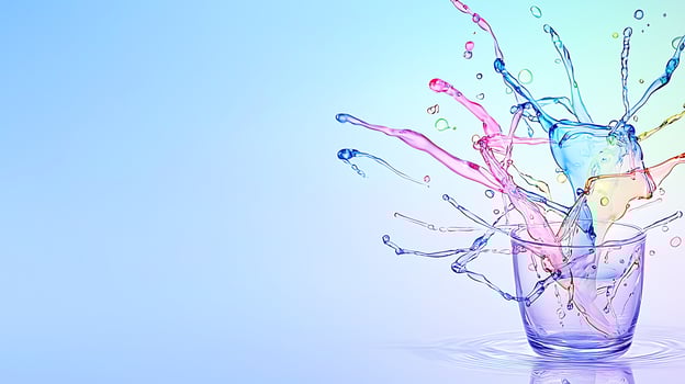 Colorful water splashes from a glass cup against a soft gradient background, showcasing motion photo