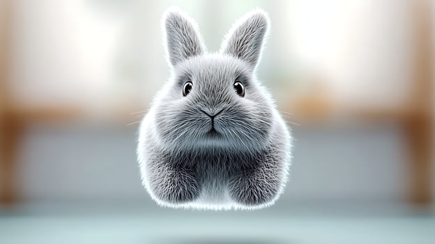 A fluffy gray rabbit floating in mid-air, with a blurred home interior in the background photo