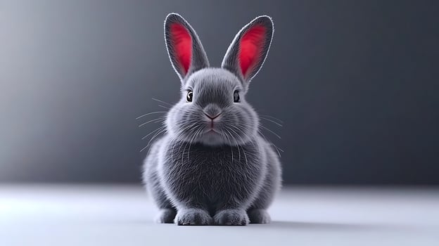 A fluffy gray rabbit with red-tipped ears sitting on a smooth surface, against a soft gradient background photo