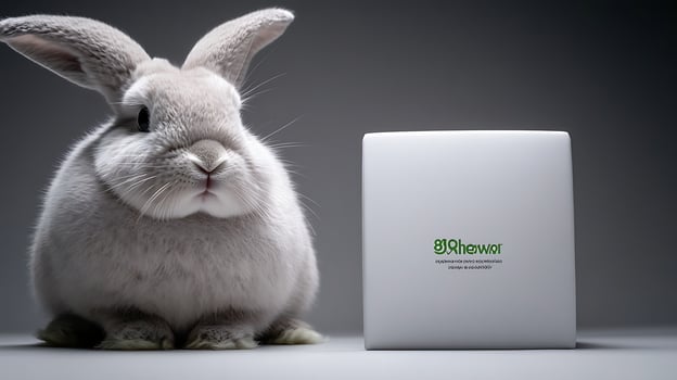 A fluffy rabbit sitting beside a sleek white box in a minimalistic studio setting photo