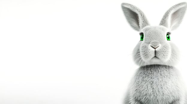 A fluffy white rabbit with vibrant green eyes, standing against a plain background, exuding charm photo