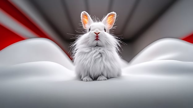 A fluffy white rabbit sitting on a smooth surface with a colorful abstract background photo