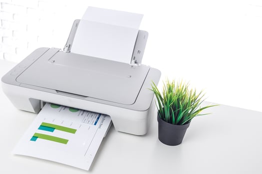 Printer at work in a bright office space with fresh greenery and colorful documents being printed during daylight hours photo