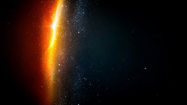 Cosmic sunrise illuminating a starry galaxy with vibrant colors and celestial bodies photo