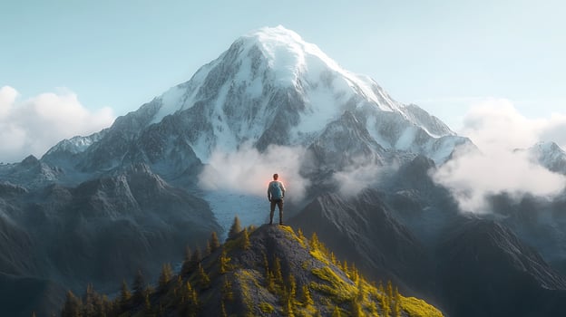 A lone hiker stands atop a mountain ridge, gazing at a majestic snow-capped peak under a clear sky photo