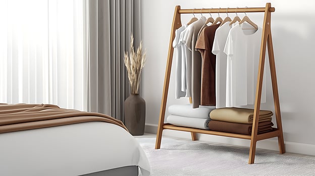 Cozy bedroom featuring a wooden clothing rack with neatly arranged garments and folded linens photo