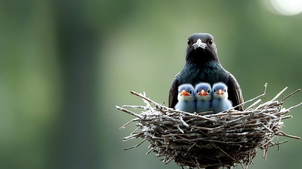 A mother bird caring for her three chicks in a cozy nest surrounded by a blurred green background photo