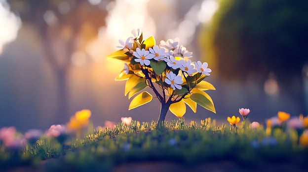 A vibrant close-up of a blooming tree surrounded by colorful flowers in a serene forest setting photo