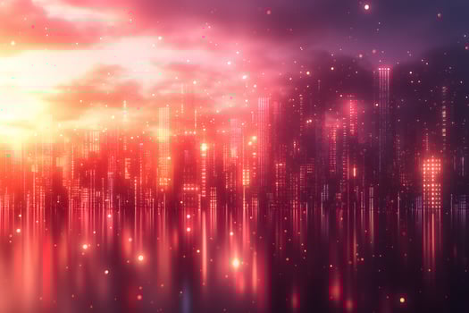 Futuristic Cityscape at Sunset with Glowing Neon Skyline Reflection photo