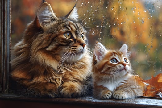 Cozy Autumn Scene with Fluffy Cats by a Rainy Window - Perfect for Pet-Themed Decor photo