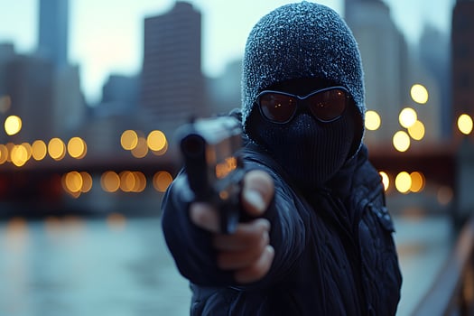 Urban Crime Scene Concept with Hooded Figure Pointing Handgun at Dusk photo