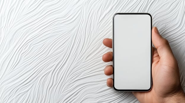 A person holding a white blank screen on a white background photo