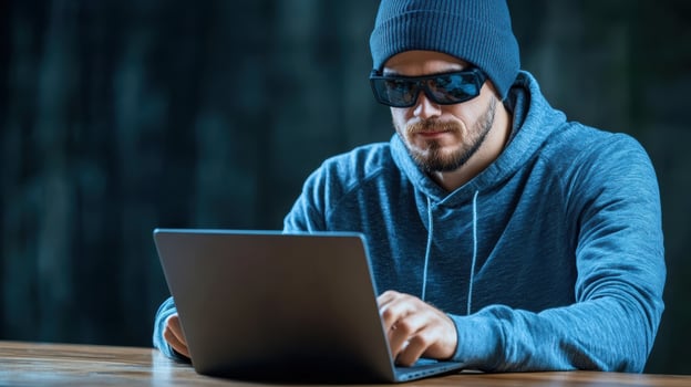A man in a hoodie and sunglasses using a laptop photo