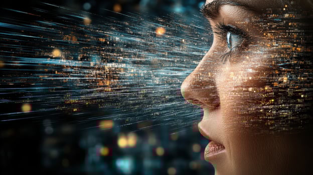 A woman's face with a digital city background photo