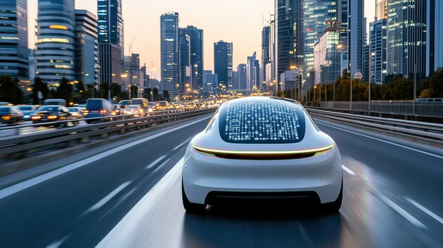 A futuristic car driving on the road with city lights in the background photo