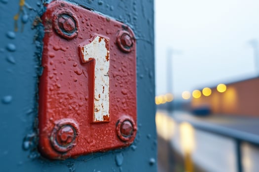 Number one sign fixed on a rusty metal surface with blurred background photo