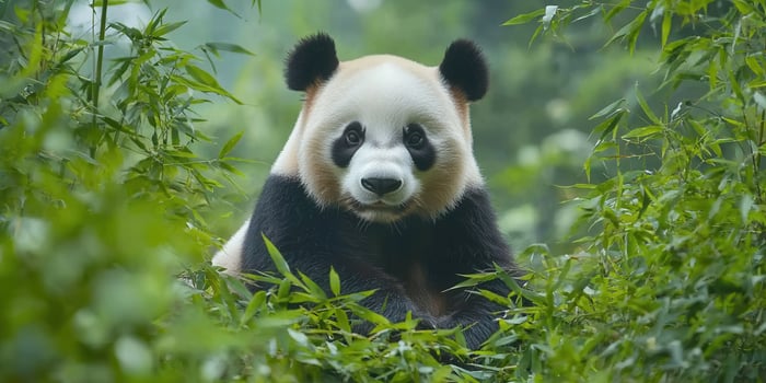 giant panda resting peacefully among lush green bamboo groves, showcasing its unique black and white fur photo
