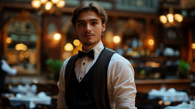 Elegant male waiter in sophisticated restaurant portrait image. Man in classic black vest and bow tie picture photorealistic photography. Fine dining occupation concept photo realistic