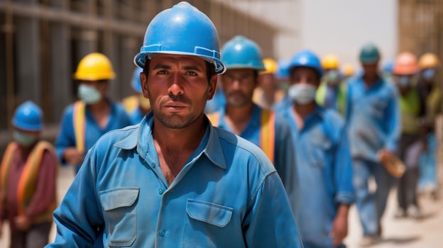 Construction workers in blue uniforms at worksite portrait image. Safety helmets crew jobsite picture photorealistic photography. Skilled laborers occupation concept photo realistic