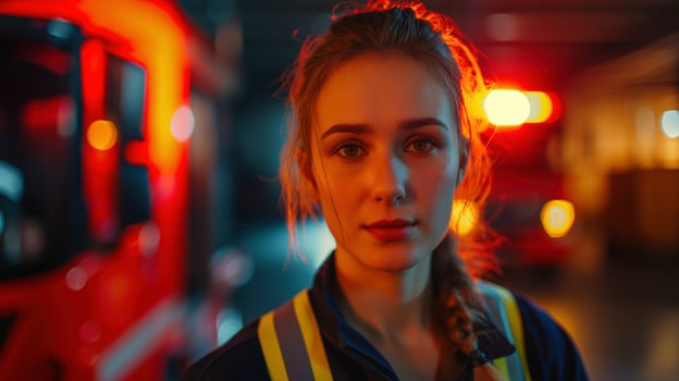 Determined young female firefighter in dramatic lighting portrait image. Courageous firewoman fire fighter picture photorealistic photography. Emergency responder concept photo realistic