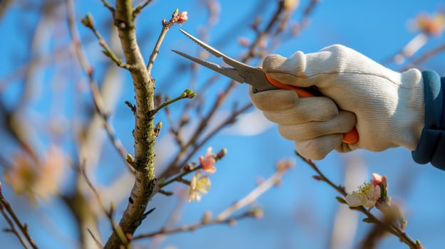 Pruning blossoming branches in springtime closeup image. Gloved hand with shears trimming budding tree upkeep close up photography. Orchard maintenance concept photo realistic