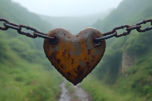 Rustic Heart Lock in Misty Countryside - Symbol of Enduring Love and Nature's Beauty photo