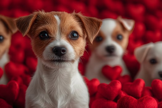 Adorable Puppies with Red Heart Plushies for Valentine's Day Themes photo