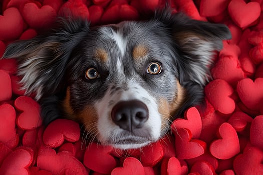 Adorable Dog Surrounded by Heart-Shaped Cushions for Valentine's Day Concept photo