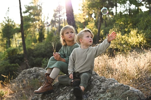 Hidden in the heart of a mystical forest, two children sit on a rock, reaching out to touch the delicate soap bubbles floating by. photo