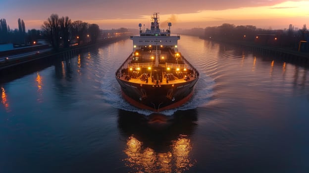 A large cargo ship moves steadily along a tranquil river at dusk. The deck is brightly lit, contrasting with the soft hues of the sunset and the surrounding landscape. photo