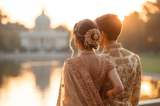 South Asian couple stands riverbank during sunrise dressed in vibrant traditional attire. They share serene moment gazing into distance picturesque backdrop photo