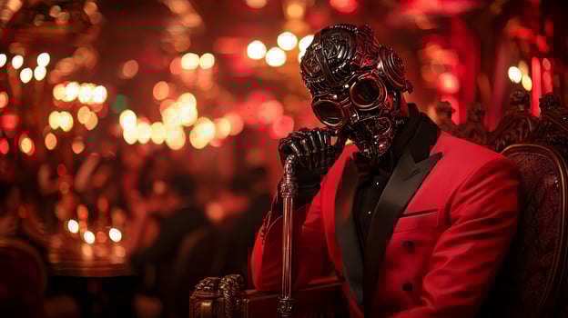 robot dressed in sleek tuxedo watches lively medieval ball from balcony. dance floor is aglow torchlight and candelabras creating vibrant atmosphere for event photo